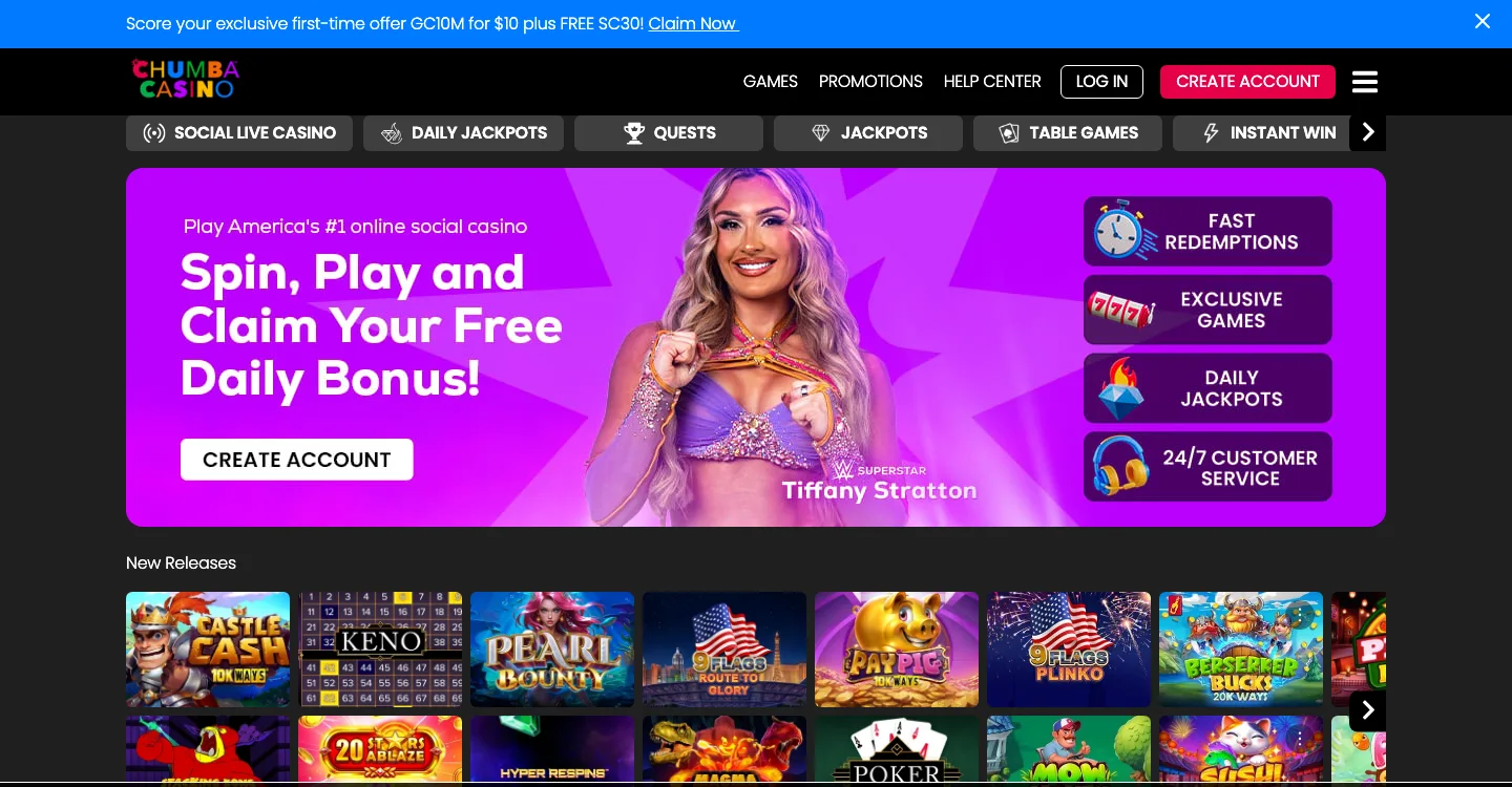 Chumba Casino homepage, logged out — first-purchase banner and lobby