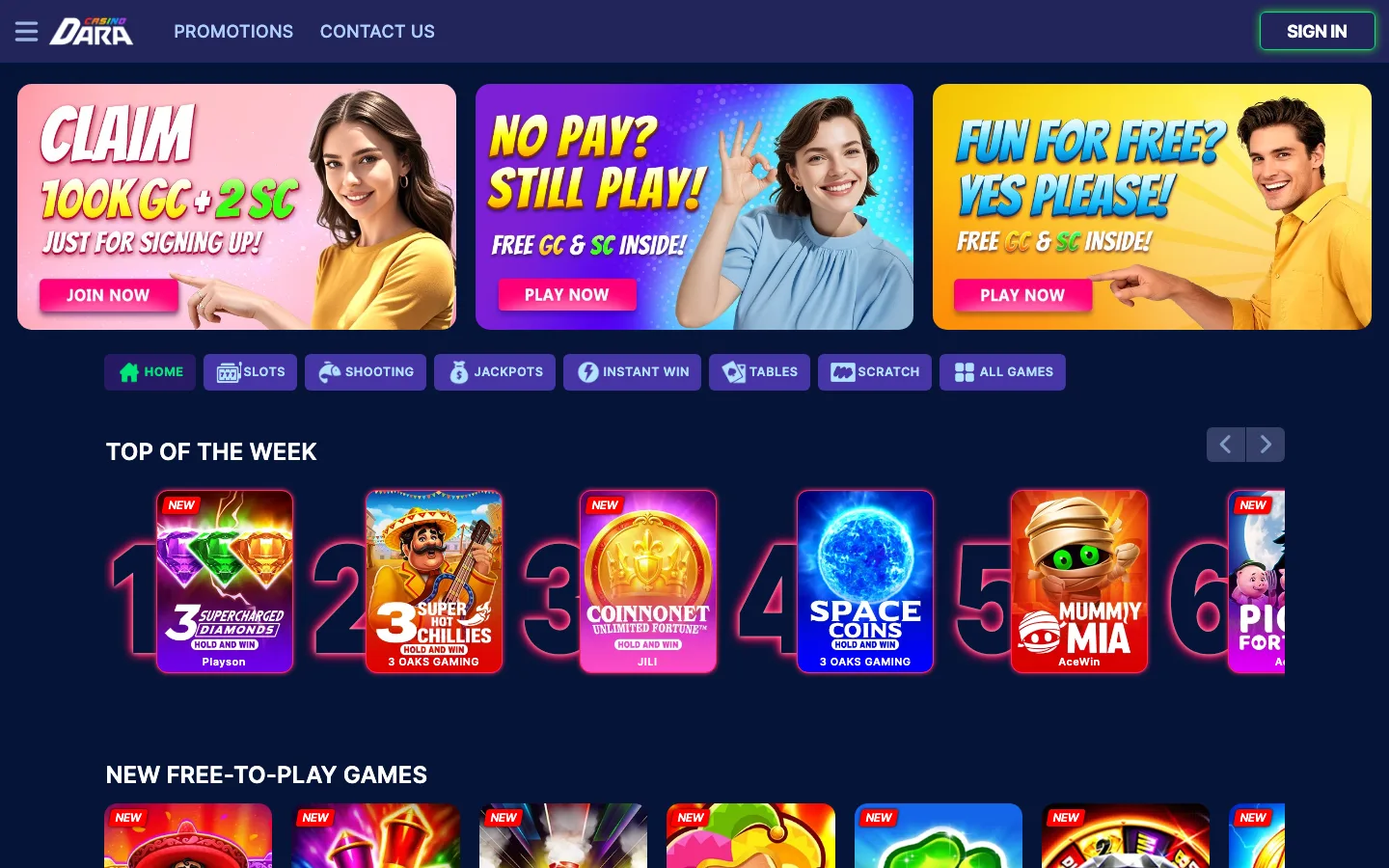Dara Casino homepage, logged out — the 100K GC + 2 SC signup banner