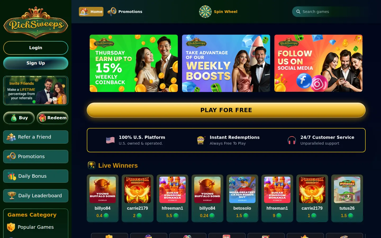 RichSweeps lobby, captured by our team