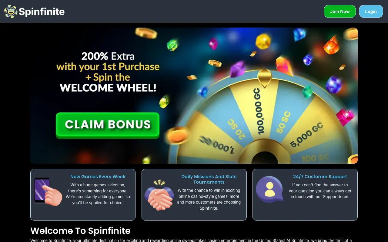 Screenshot of the Spinfinite website